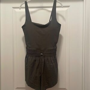 Green Jumpsuit Romper with Scoop Neckline and Built-in Belt